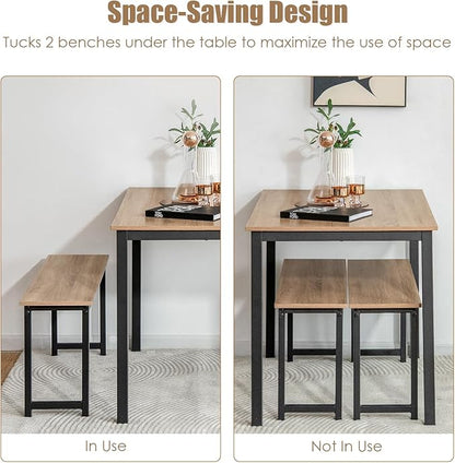 NAFORT 3-Piece Modern Dining Table Set for 4, 43.5" x 27.5" x 29.5", Black, Space-Saving with Under-Bench Storage, MDF Wood & Metal Frame, Ideal for Home & Restaurant