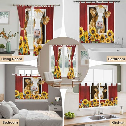Cows Sunflowers Kitchen Curtains 24 Inch Length, Small Window Curtains Tab Top, Spring Floral Bees Farmhouse Barn Light Filtering Short Window Treatments Tier Drapes 27.5"x24" 2 Panel