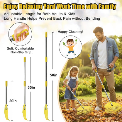 Plastic Leaf Rake for Lawns - Non-Clog, Heavy-Duty 16.5'' Wide Yard & Garden Rake for Leaves, Grass, Pine Needles, 1'' Stainless Steel Adjustable Handle, Easy Use for Women,Seniors,Kids
