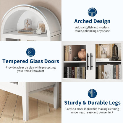 GarveeHome 70 in Tall Arched Kitchen Pantry Cabinet with LED Lights, Modern Wood Arched Bookshelf with Glass Doors & Adjustable Shelves, Elegant Display Cabinet for Kitchen, Dining Room, Living Room