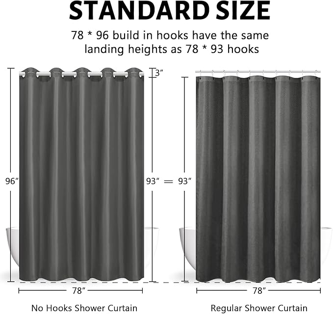Furlinic No Hook Extra Long Shower Curtain 96 Length,Polyester Fabric Bathroom Curtain with 10 Split Plastic Built-in Hooks,Waterproof & Machine Washable,Dark Grey,78 x 96 Inch