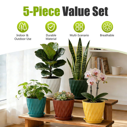 SQKH 8 Inch Plastic Plant Pots,Set of 5 Flower Pots,Planters with Drainage Holes & Saucers, Indoor Outdoor Garden Pots for Home Decor(Colorful)
