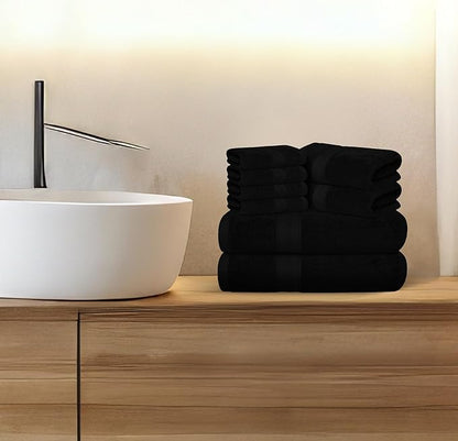 Avalon Towels Luxury 8 Piece Towels Set, 2 Bath Towels, 2 Hand Towels and 4 Washcloths, 600 GSM 100% Ring Spun Cotton Highly Absorbent Bathroom Towel Set, Ideal for Hotel, Spa and Gym (Black)