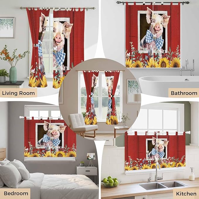 Pig Sunflowers Bathroom Curtains 63 Inch Length, Window Curtains Tab Top, Eucalyptus Leaves Floral Bees Red Barn Light Filtering Window Treatments Drapes 52"x63" 2 Panel