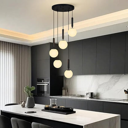Modern Black Pendant Light Hanging Fixture Light for Kitchen Island Mid Century with Globe Pendant Light Milk White Glass Pendant Lighting for Living Room Bedroom Entryway (5 Lights)