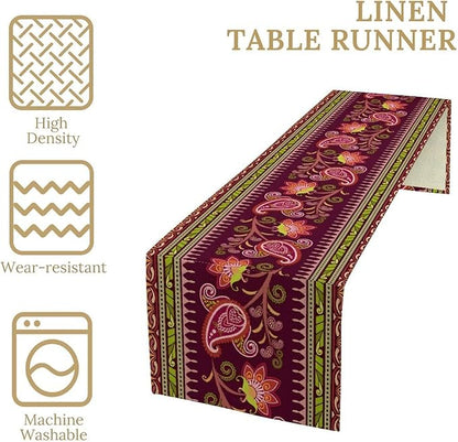 Dark Red Paisley Table Runner, Vintage Boho Paisley Flowers Geometric Print Table Cover for Farmhouse Wedding Party Home Kitchen Dining Table, 13x108inch