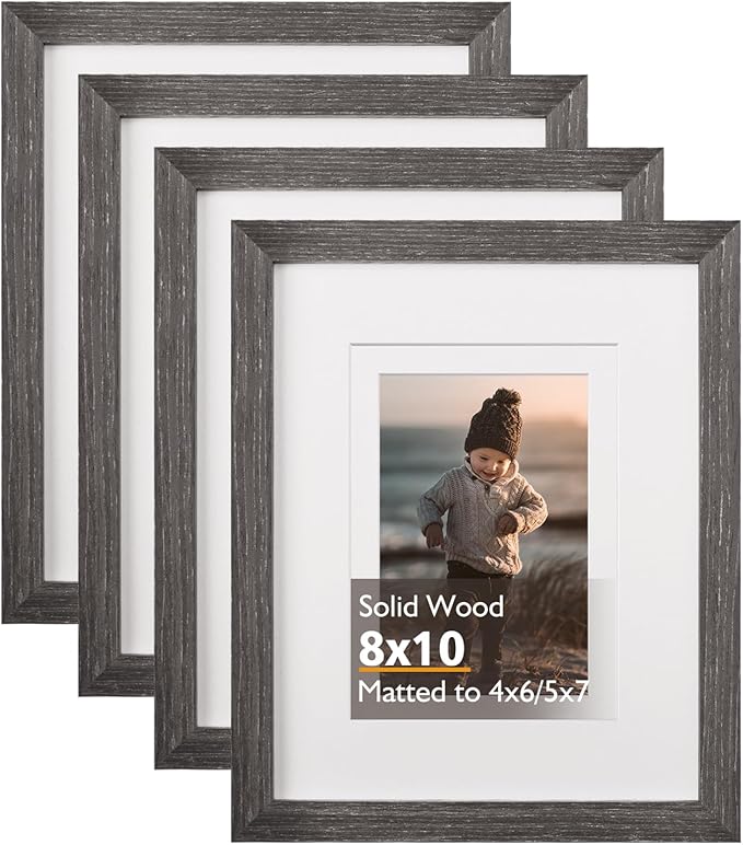 KINLINK 8x10 Picture Frame Ash Black, Solid Wood Frames with Acrylic Plexiglass for Pictures 4x6/5x7 with Mat or 8x10 without Mat, Tabletop and Wall Display Photo Frame, Set of 4