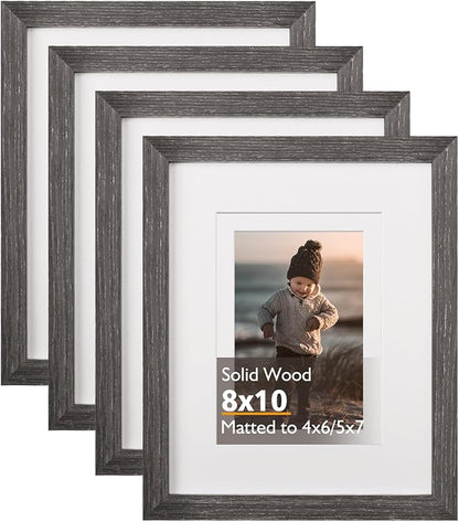 KINLINK 8x10 Picture Frame Ash Black, Solid Wood Frames with Acrylic Plexiglass for Pictures 4x6/5x7 with Mat or 8x10 without Mat, Tabletop and Wall Display Photo Frame, Set of 4