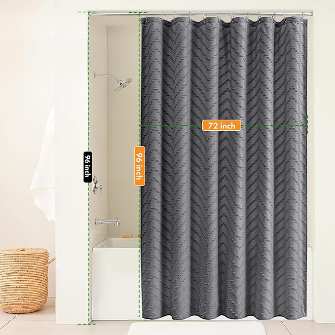 Extra Long Grey Boho Shower Curtain 96 Inch Grey Tufted Chevron Striped Fabric Shower Curtains for Bathroom Modern Shabby Chic Waterproof Cloth Shower Curtain Set with Hooks