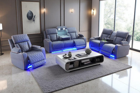 A Ainehome Sanded Leather Power Recliner Sofa Set with LED, 3 Pieces Living Room Furniture Sets, Blue Gray Reclining Sofa Sectional Couches for Living Room with USB Port/Storage Console/Cup Holders