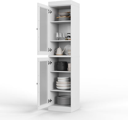 Palace Imports Solid Wood Kitchen Pantry Cabinet w/Frosted Glass Doors - Narrow Storage Cabinet - 16.5" Wide x 71.5" Tall - White, Adjustable Shelves, 100% Eco-Friendly Wood, Modular Cabinets