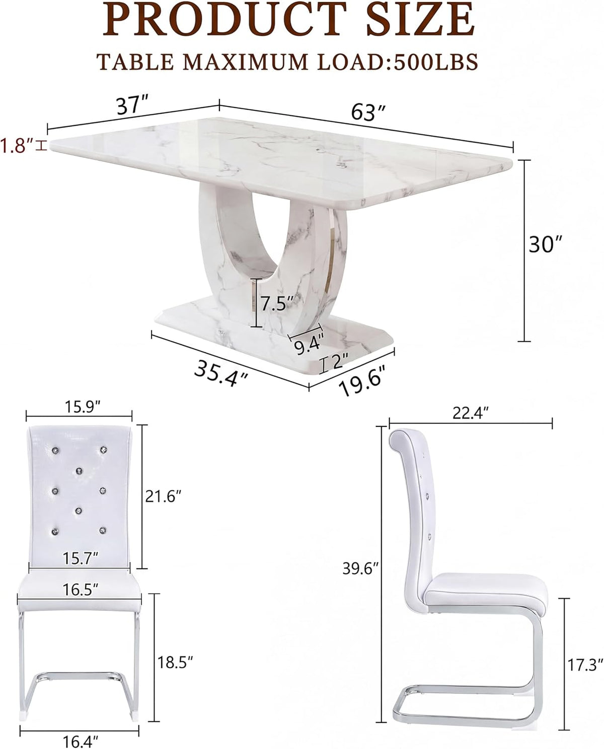 Dining Table Set for 6, Kitchen Table Chairs Set of 6, Modern Dining Room Set 63'' Marble Dinner Table PU Leather Upholstered Chairs for Kitchen (White-cro)