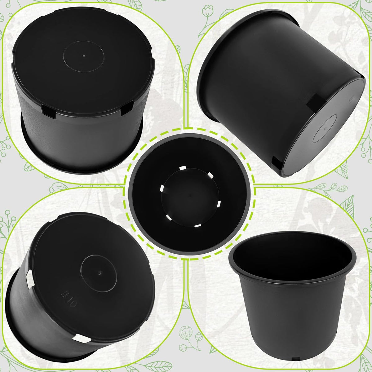 10 Gallon Nursery Pots Plastic Container Injection Molded Pot for Plants Flexible with Drainage Holes Suitable for Plants Soil Growers or Hydroponics Black 10 Pcs