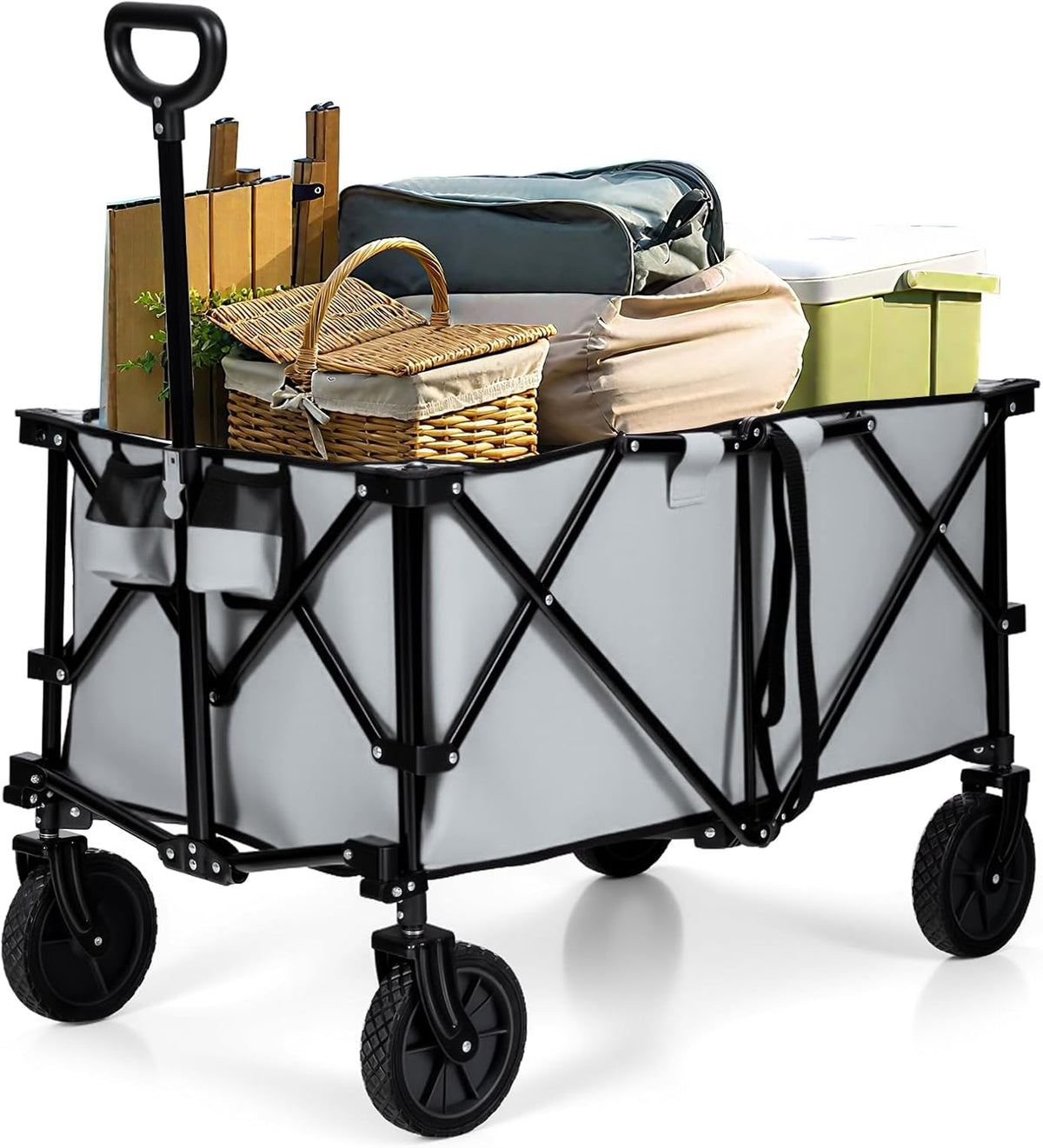 Goplus Collapsible Wagon, Folding Utility Wagon Cart w/Universal Wheels & Adjustable Handle & Cover Bag, Grocery Wagon for Garden Shopping Camping (Grey)