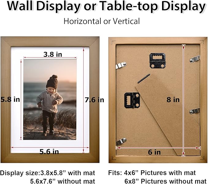KINLINK 6x8 Picture Frame Brown, Solid Wood Frames with Acrylic Plexiglass for Pictures 4x6 with Mat or 6x8 without Mat, Tabletop and Wall Display Photo Frame, Set of 4
