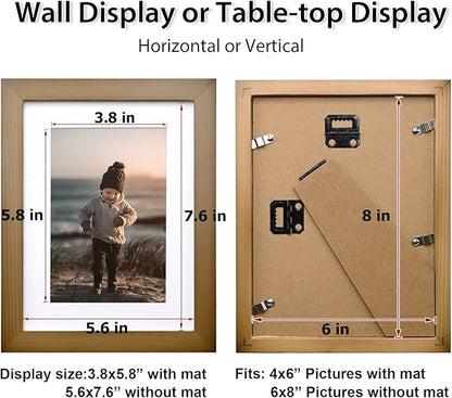 KINLINK 6x8 Picture Frame Brown, Solid Wood Frames with Acrylic Plexiglass for Pictures 4x6 with Mat or 6x8 without Mat, Tabletop and Wall Display Photo Frame, Set of 4