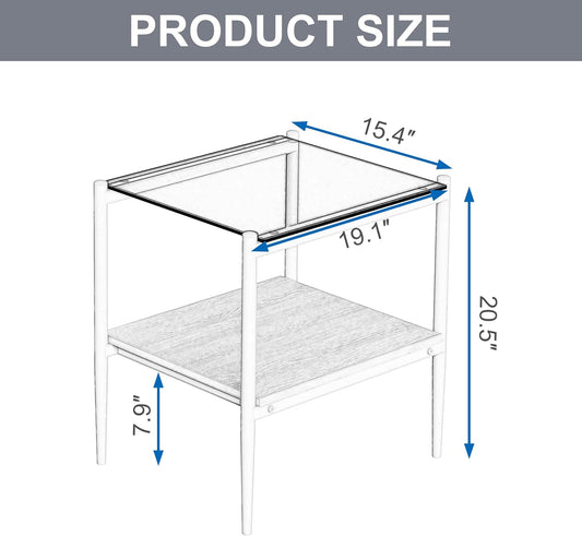 Modern Glass End Table, Tempered Glass Top, Sofa Side Table with MDF Storage Shelf and Metal Legs, Perfect for Living Rooms, Bedrooms, and Small Spaces (Gray Glass+Black)