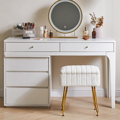 IBUYKE Vanity Chair with Storage, Faux Fur Footrest Ottoman, White LG-50W | Small Side Table Vanity Stool Makeup Room Bedroom Anti-Slip Feet
