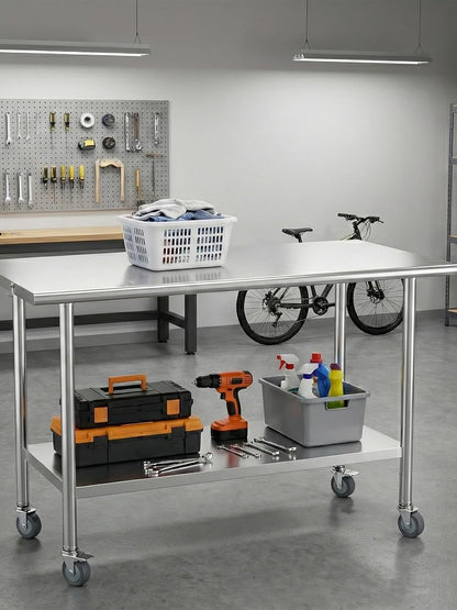 Atelicf NSF Stainless Steel Prep Table 24X48 inch, Flat Top & Casters | Mobile commercial-grade table for restaurants, kitchens, food trucks, breweries, bars, garages, and BBQ
