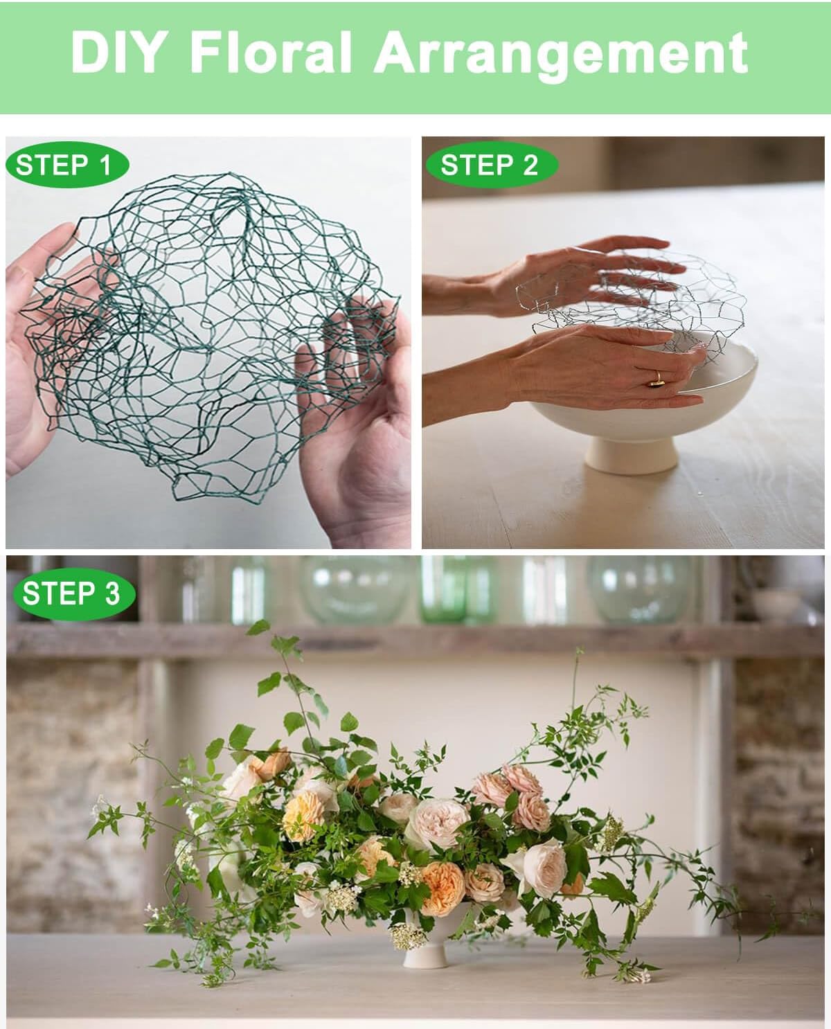 vensovo Garden Poultry Green Chicken Wire - 13.7 '' × 590 '' Chicken Wire Floral for Crafts, Garden Fence Animal Barrier, 1 inch Mesh Poultry Netting Fence, Pet/Rabbit/Chicken Wire Fencing