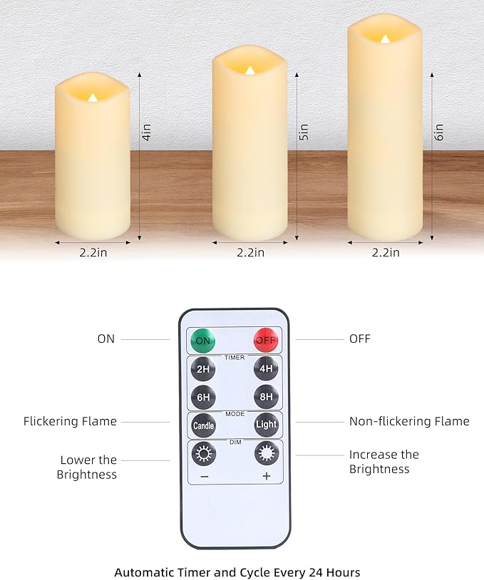 Enido 12 Pc Flameless LED Candles with Remote & Timer, Outdoor Waterproof, Flickering Electric Warm Lights for Cozy Home & Holiday Romantic Decor, Battery Operated for Party(D 2.2” x H 4”/5”/6”