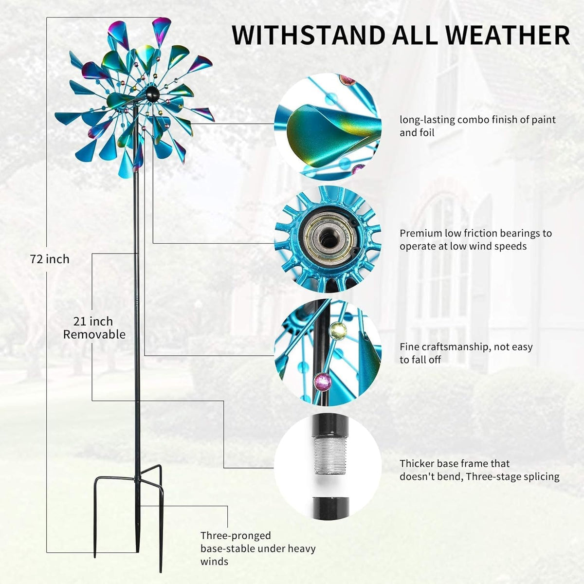 DECOROCA Kinetic Wind Spinners Outdoor - Large Metal Wind Sculptures & Spinners for Yard Patio Lawn Garden Decorations, Windmill Outdoor Clearance with Stable Metal Stake(Peacock-Blue)