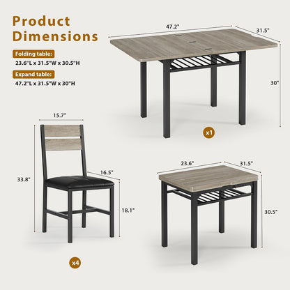 MapleGrace Extendable Dining Table Set for 4 with Storage Rack, 5-Piece Kitchen Table with 4 Upholstered Chairs, Metal Frame & MDF Board, Space-Saving for Small Apartment, Gray