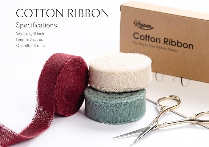 Christmas Ribbon Set 5/8" x 21 Yards with Frayed Fringe Fabric Cotton Ribbons for Gift Wrapping Wedding Invitations Flower Bouquet Baby Shower