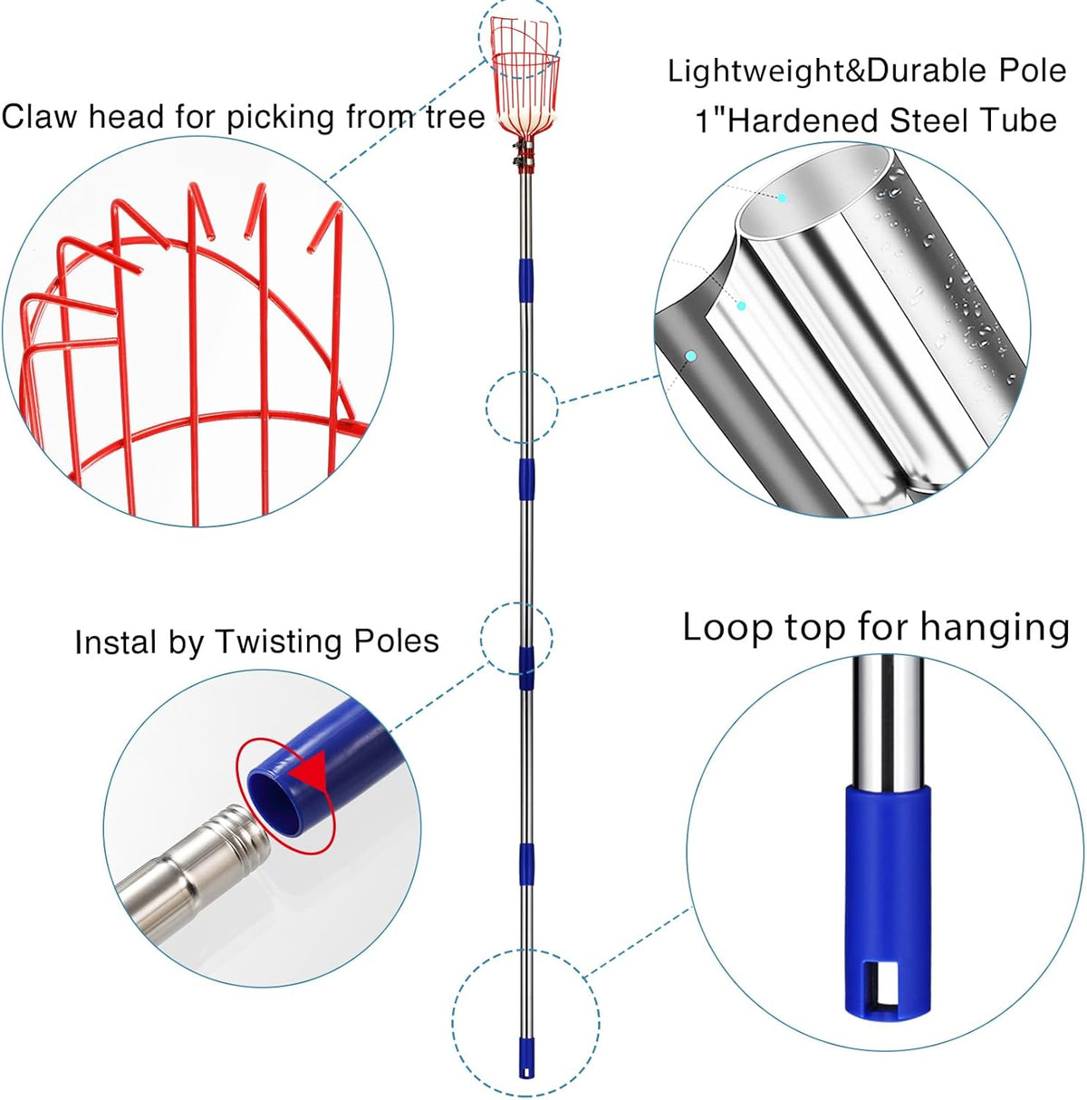 DnSail Fruit Picker Pole Tool with Basket Telescoping - Adjustable Mango Picker 35-68 inch Long Handle - Apple Orange Avocado Acorn Lemon Pear Pomelo Chery Picker for Tree