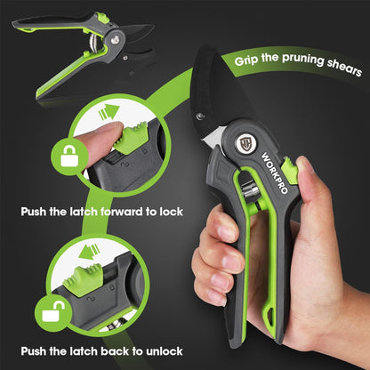 WORKPRO Anvil Pruning Shears, 8’’ Professional Gardening Hand Pruner with SK5 Steel Sharp Blades, Ideal Gardening Tool for Cutting and Trimming, Green