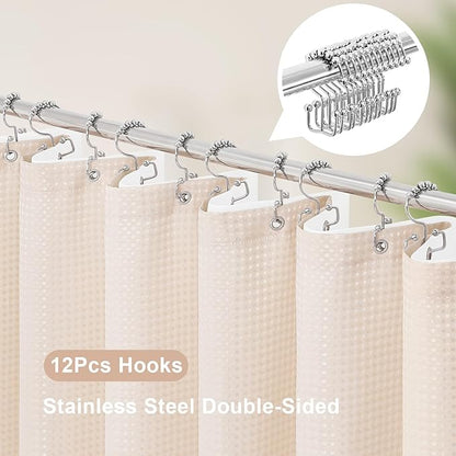 3 in 1 Shower Curtain Set, Blush Pink Waffle Shower Curtain and PEVA Liner Set with 12 Stainless Steel Shower Curtain Hooks, Waterproof Shower Curtains for Bathroom, 72 W x 72 H