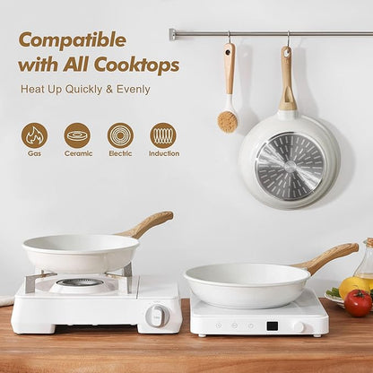 SENSARTE Nonstick Frying Pan Skillets, White Ceramic Coating Omelette Pans, Healthy Cookware Chef's Pan, Free of Intentionally Added PTFE & PFAS (8+10 Inch)