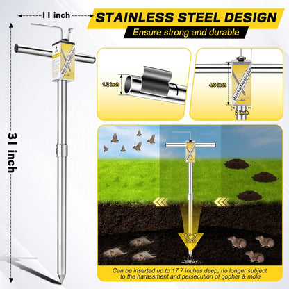 Gopher & Mole Bait Applicator, Stainless Steel Gopher/Mole/Vole Killer, Durable and Removable Gardening Pest Control Tool for Yard, Upgraded Non-Clogging Bait Outlet(Not Include Bait)