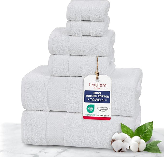TEXTILOM 100% Turkish Cotton 6 Pcs Bath Towel Set, Luxury Bath Towels for Bathroom, Soft & Absorbent Bathroom Towels Set (2 Bathtowels, 2 Hand Towels, 2 Washcloths)- White