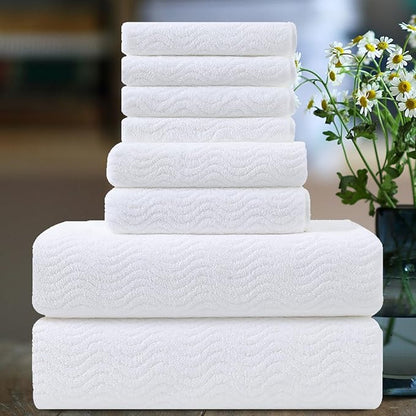 Ultra Soft 8 Piece Textured Bath Towel Set for Bathroom Shower Pool, Kitchen, Quick Dry, Lightweight Highly Absorbent - 2 Oversized Bath Towel Sheets, 2 Hand Towels, 4 Washcloths - White