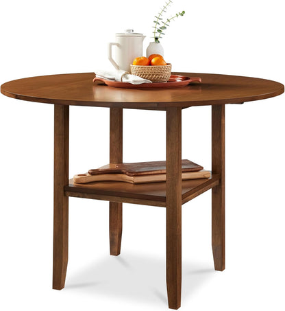 Best Choice Products 42" Round Drop Leaf Dining Table for 4, Solid Wood Expandable Small Dining Table W/Storage Shelf, Space Saving Kitchen Table for Kitchen, Dining Room, & Small Spaces - Chestnut