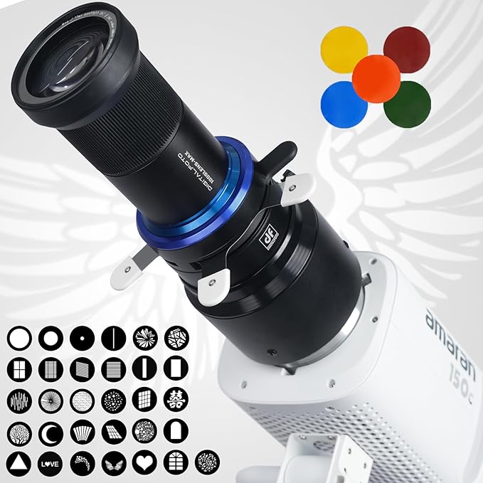 Bowens Mount Optical Snoot Photography for Amaran 150c,Spotlight Snoot Gobos kit for Monolight,Compatible with Aputure Amaran 100X/D 200D/X,150/300c,600x Pro,Godox SL60,5 Color Filters,31 Gobos
