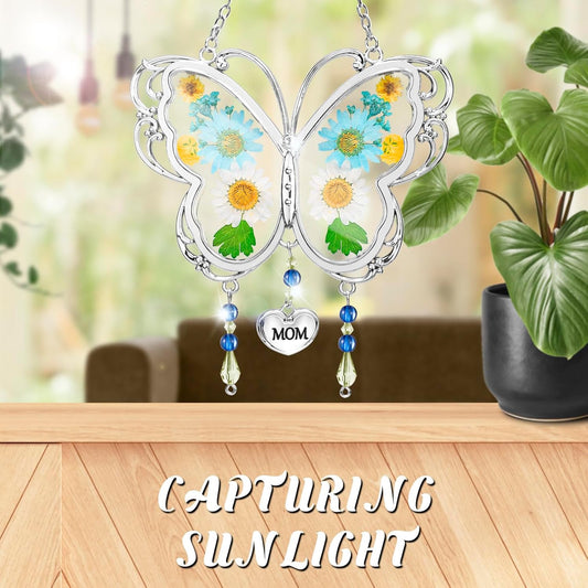 LARAINE Butterfly Suncatcher with Pressed Flower Wings Mother's Day Butterfly Glass Wind Chime Ornament Charm with Metal Heart Gifts for Grandma Aunt Birthday (Mom, Blue)