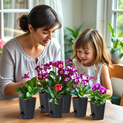 12 Pack 4 Inch Self Watering Plant Pots with Drainage and Saucers，Plastic Flower Pots for Indoor and Outdoor Plants, Nursery Planters for Houseplants and Herbs Black, 4 inch 12pcs