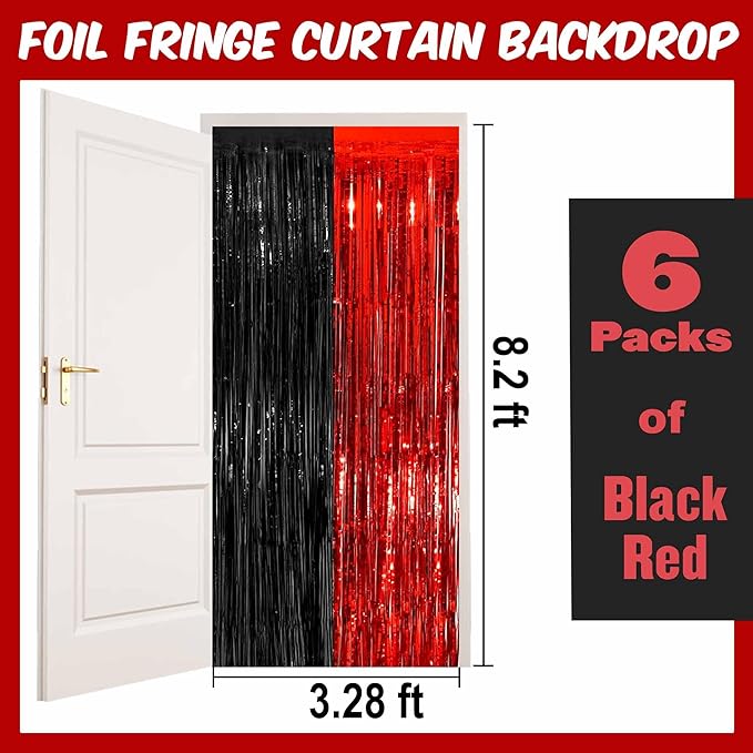 6 Pack Black and Red Foil Fringe Curtains Backdrop, 3.28 x 8.2 Ft Metallic Streamers Tinsel Curtains Background for Photo Booth, Birthday, Weddings, Carnivals, Graduation, Themed Party Decorations