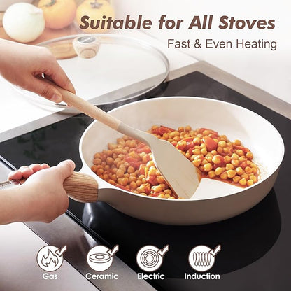 SENSARTE Ceramic Nonstick Frying Pan Skillet with Lid 11inch, Non Stick Pan Omelette Pans, Non-toxic Kitchen Cooking Chef's Pan, Free of Intentionally Added PFOA/PFAS/PTFE, Induction Compatible, Taupe