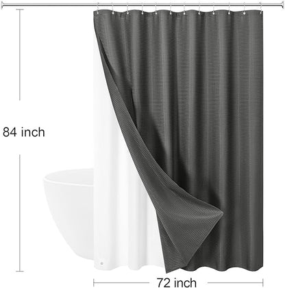 3 in 1 Extra Long Charcoal Grey Shower Curtain Set-72 W x 84 H, Modern Waffle and PEVA Liner Set with 12 Stainless Steel Hooks, Waterproof Fabric for Bathroom