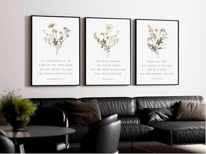 Wildflower Bible Floral Canvas Wall Art Christian Verses Floral Paintings Pictures Wall Decor Botanical Scripture Room Posters Prints for Bedroom Living Room Office Christian Scene Home Decorate