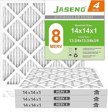 14x14x1 Air Filters, MERV 8 Pleated HVAC Furnace Filters (4-Pack) - Dust Defense, MPR 600 - exact dimensions: 13.75"x13.75"x0.75" - Replacement for AC, Heater, and Ventilation Systems