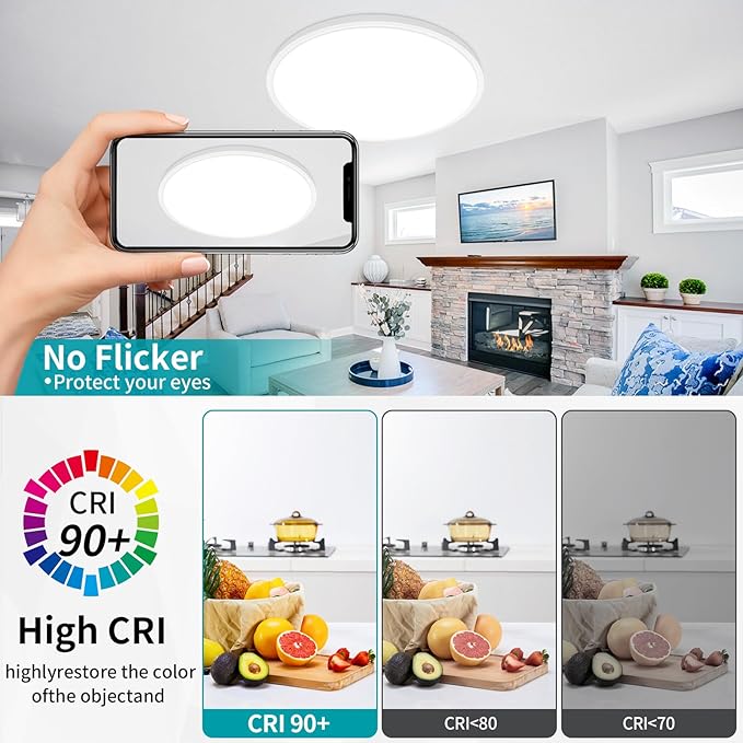 24 Inch Led Ceiling Light Fixture, Ultra Thin Flush Mount, Dimmable with Remote Control, 56W, 5600 Lumen, Modern, Round, White, for Kitchen, Dining Room, Bedroom, Living Room, Home Office
