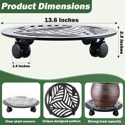 1 Packs Large Metal Plant Caddy with PU Wheels 13.6" Heavy-Duty Wrought Iron Rolling Plant Stands Indoor Outdoor Wheeled Plant Dolly Planter Mover Rollers Plant, Leaf Style