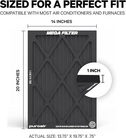PuroAir MegaFilter - 14x20x1 Air Filter MERV 13 Activated CarbonTech Defense - Heavy Duty 3 Layer Furnace Filters Allergens, Pollen, Dust, Pet Dander, Smoke, Odors - HVAC Air Filter 14x20x1 (2-Pack)