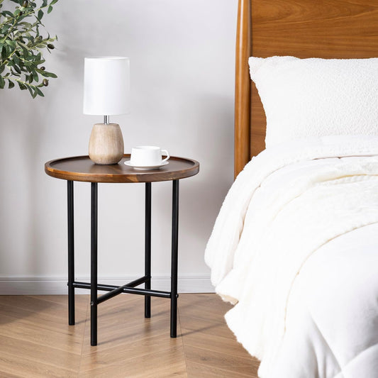 MyGift Round End Table, Premium Acacia Solid Wood End Table with 19 Inch Wooden Top and Black Metal Frame, Small Side Table for Home Living Room Bedroom Furniture
