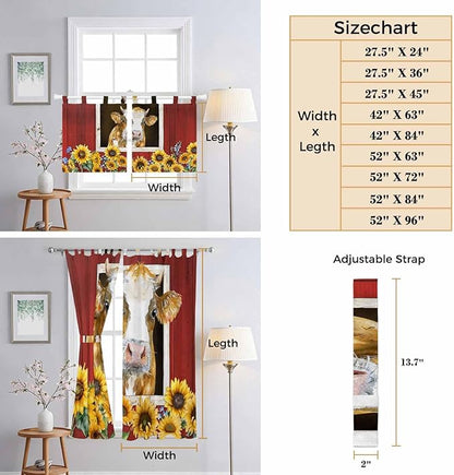 Cows Sunflowers Kitchen Curtains 24 Inch Length, Small Window Curtains Tab Top, Spring Floral Bees Farmhouse Barn Light Filtering Short Window Treatments Tier Drapes 27.5"x24" 2 Panel