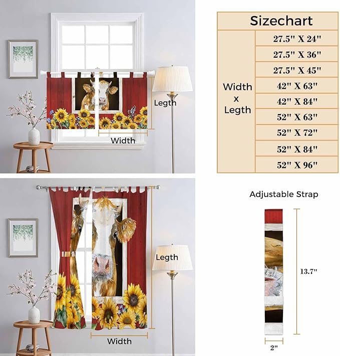 Cows Sunflowers Living Room Curtains 84 Inch Length, Window Curtains Tab Top, Spring Floral Bees Farmhouse Barn Light Filtering Window Treatments Drapes 42"x84" 2 Panel